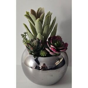 Handmade Artificial Succulent Arrangement in Silver Pot – Modern Home Decor
